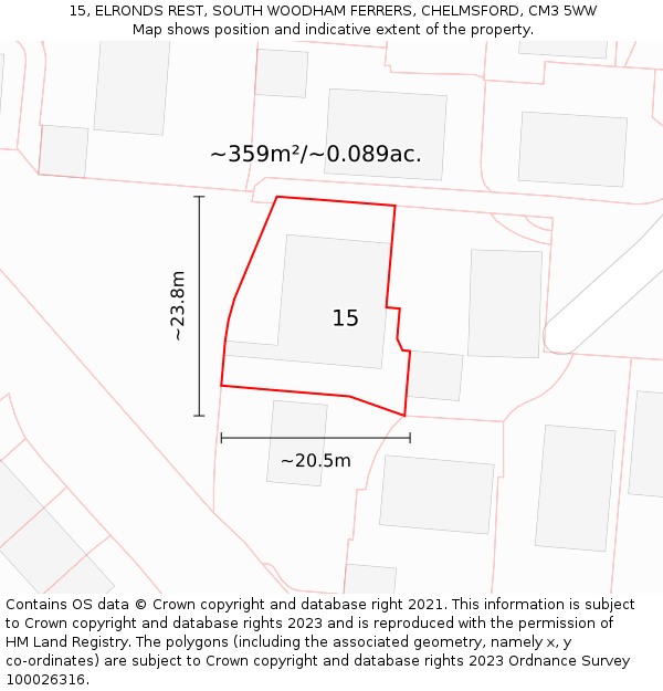 15, ELRONDS REST, SOUTH WOODHAM FERRERS, CHELMSFORD, CM3 5WW: Plot and title map