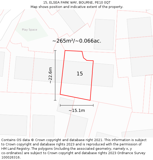 15, ELSEA PARK WAY, BOURNE, PE10 0QT: Plot and title map