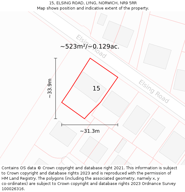 15, ELSING ROAD, LYNG, NORWICH, NR9 5RR: Plot and title map