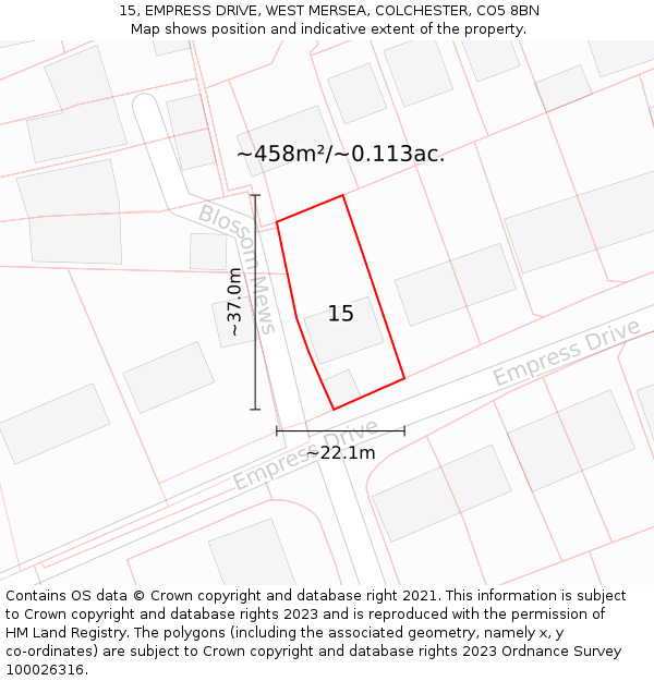 15, EMPRESS DRIVE, WEST MERSEA, COLCHESTER, CO5 8BN: Plot and title map