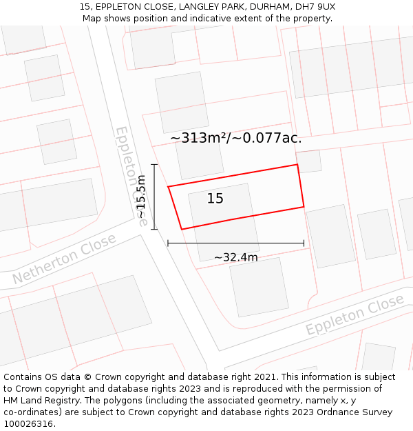 15, EPPLETON CLOSE, LANGLEY PARK, DURHAM, DH7 9UX: Plot and title map