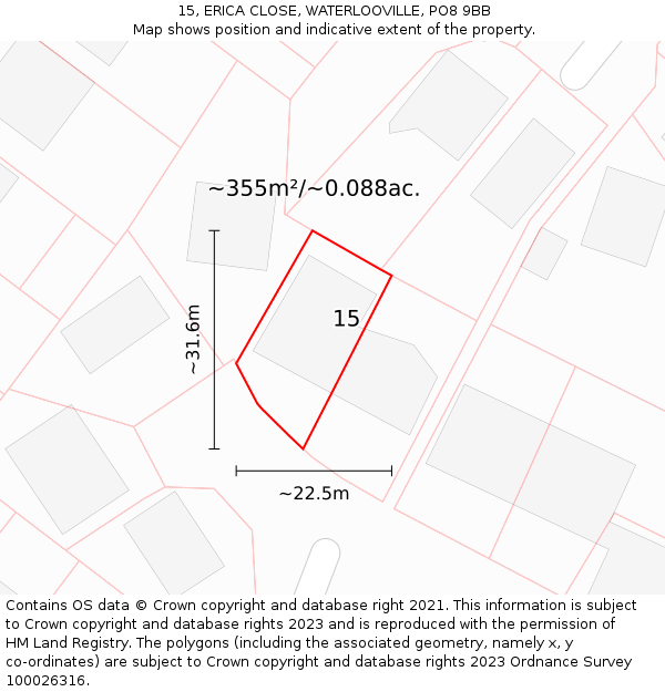 15, ERICA CLOSE, WATERLOOVILLE, PO8 9BB: Plot and title map