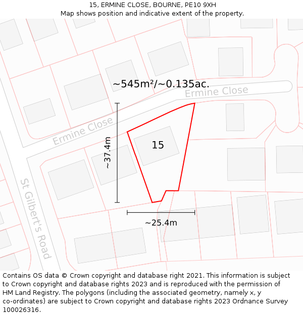 15, ERMINE CLOSE, BOURNE, PE10 9XH: Plot and title map