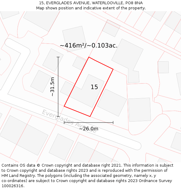 15, EVERGLADES AVENUE, WATERLOOVILLE, PO8 8NA: Plot and title map