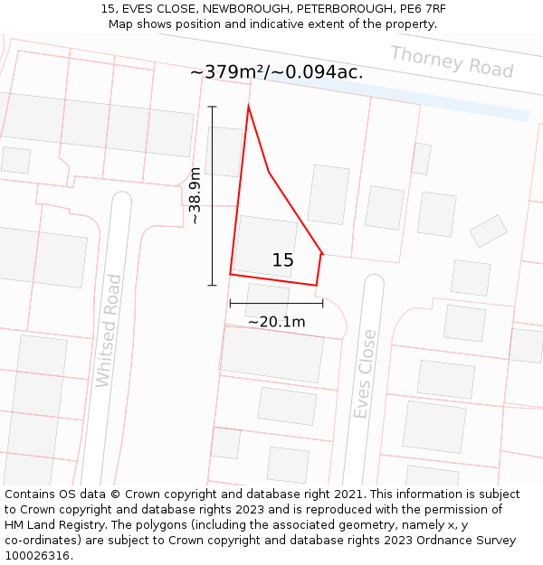 15, EVES CLOSE, NEWBOROUGH, PETERBOROUGH, PE6 7RF: Plot and title map