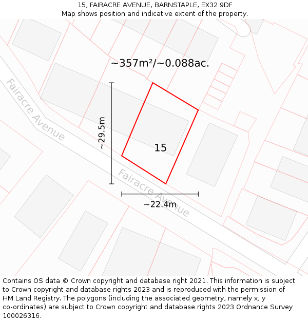 15, FAIRACRE AVENUE, BARNSTAPLE, EX32 9DF: Plot and title map