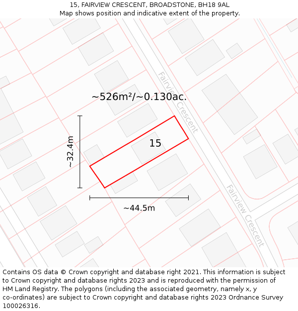 15, FAIRVIEW CRESCENT, BROADSTONE, BH18 9AL: Plot and title map