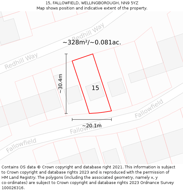 15, FALLOWFIELD, WELLINGBOROUGH, NN9 5YZ: Plot and title map