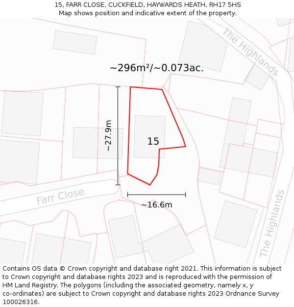 15, FARR CLOSE, CUCKFIELD, HAYWARDS HEATH, RH17 5HS: Plot and title map