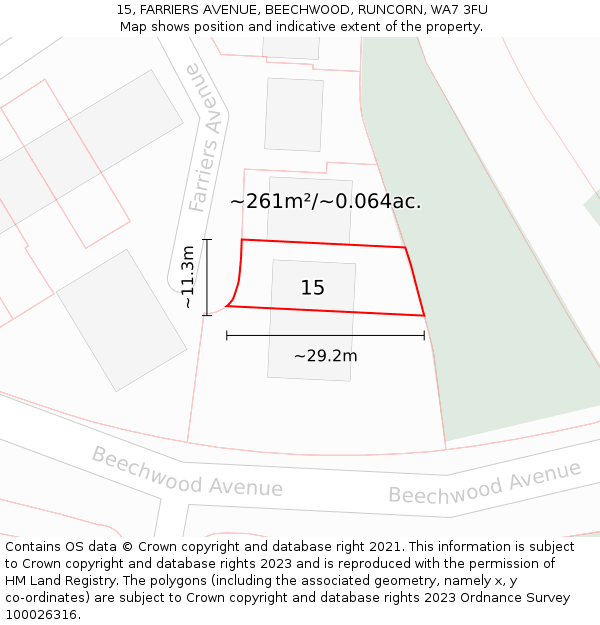 15, FARRIERS AVENUE, BEECHWOOD, RUNCORN, WA7 3FU: Plot and title map