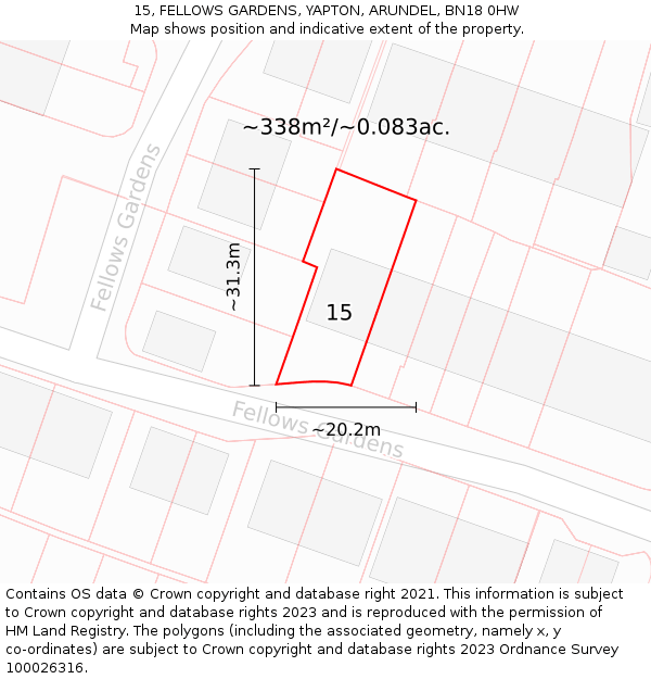 15, FELLOWS GARDENS, YAPTON, ARUNDEL, BN18 0HW: Plot and title map