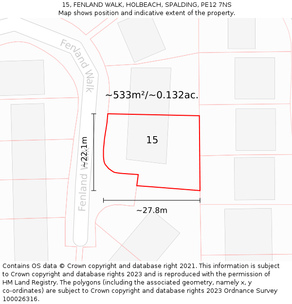 15, FENLAND WALK, HOLBEACH, SPALDING, PE12 7NS: Plot and title map