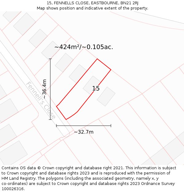 15, FENNELLS CLOSE, EASTBOURNE, BN21 2RJ: Plot and title map