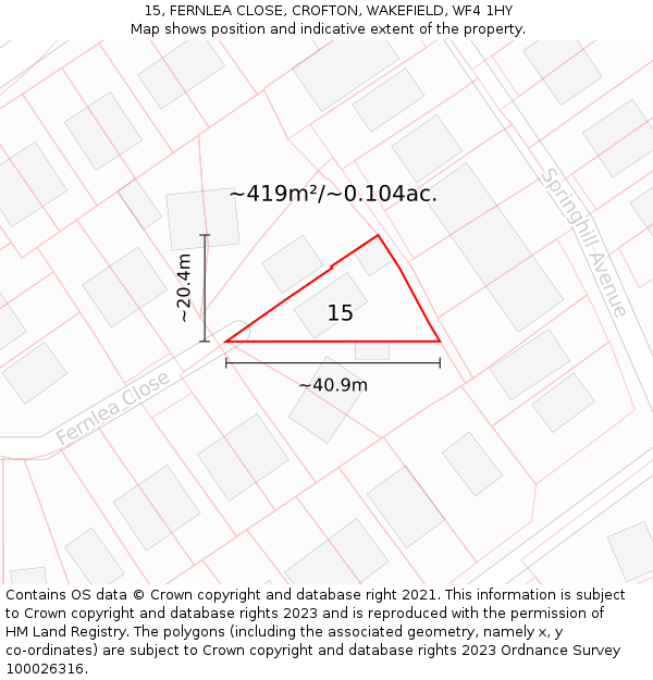 15, FERNLEA CLOSE, CROFTON, WAKEFIELD, WF4 1HY: Plot and title map