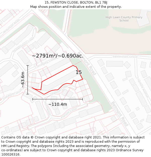 15, FEWSTON CLOSE, BOLTON, BL1 7BJ: Plot and title map