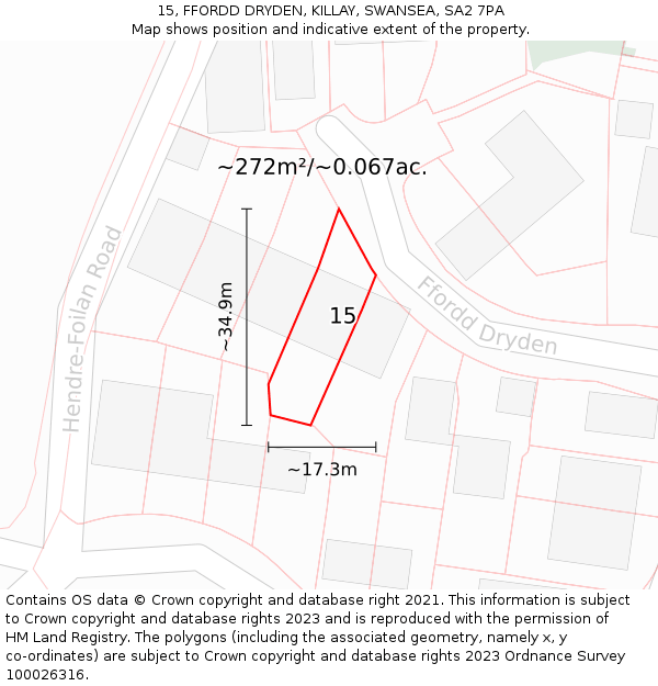 15, FFORDD DRYDEN, KILLAY, SWANSEA, SA2 7PA: Plot and title map