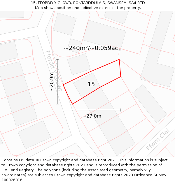 15, FFORDD Y GLOWR, PONTARDDULAIS, SWANSEA, SA4 8ED: Plot and title map