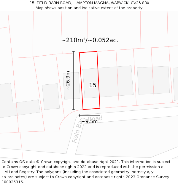 15, FIELD BARN ROAD, HAMPTON MAGNA, WARWICK, CV35 8RX: Plot and title map