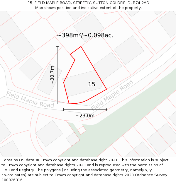 15, FIELD MAPLE ROAD, STREETLY, SUTTON COLDFIELD, B74 2AD: Plot and title map