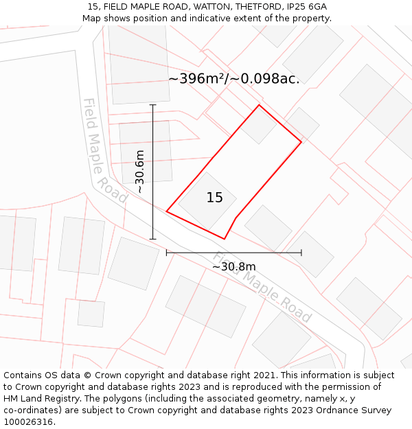 15, FIELD MAPLE ROAD, WATTON, THETFORD, IP25 6GA: Plot and title map