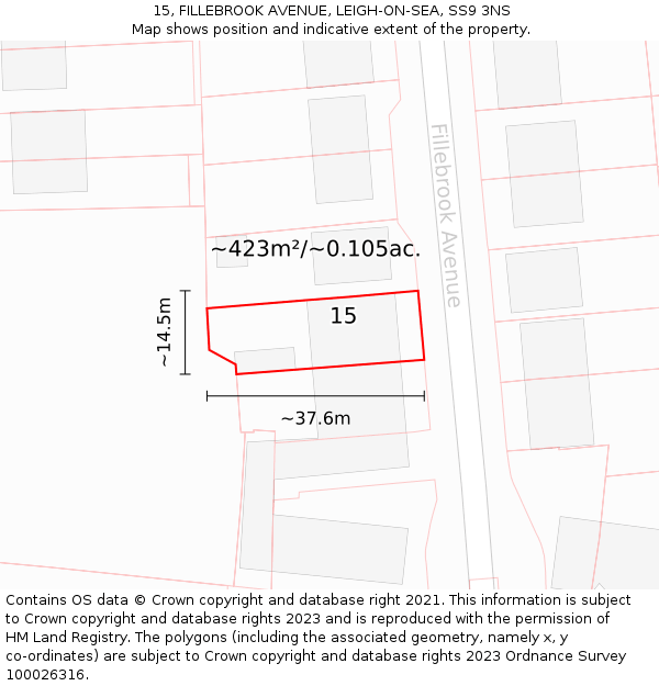 15, FILLEBROOK AVENUE, LEIGH-ON-SEA, SS9 3NS: Plot and title map