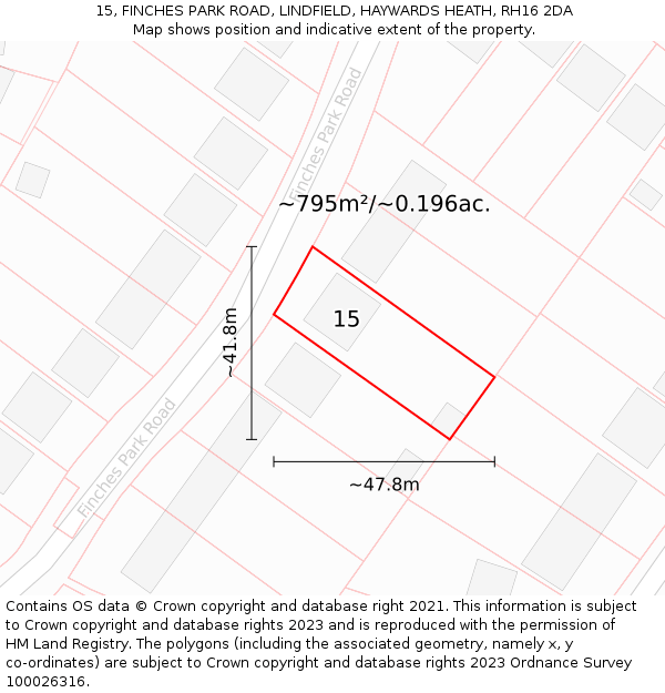 15, FINCHES PARK ROAD, LINDFIELD, HAYWARDS HEATH, RH16 2DA: Plot and title map