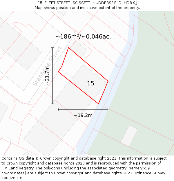 15, FLEET STREET, SCISSETT, HUDDERSFIELD, HD8 9JJ: Plot and title map