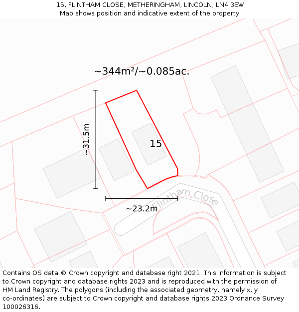 15, FLINTHAM CLOSE, METHERINGHAM, LINCOLN, LN4 3EW: Plot and title map