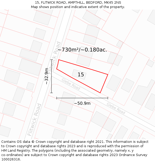 15, FLITWICK ROAD, AMPTHILL, BEDFORD, MK45 2NS: Plot and title map