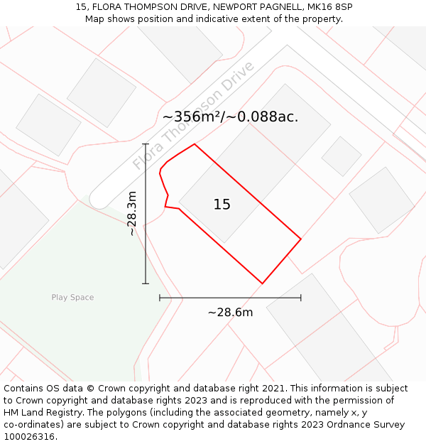 15, FLORA THOMPSON DRIVE, NEWPORT PAGNELL, MK16 8SP: Plot and title map