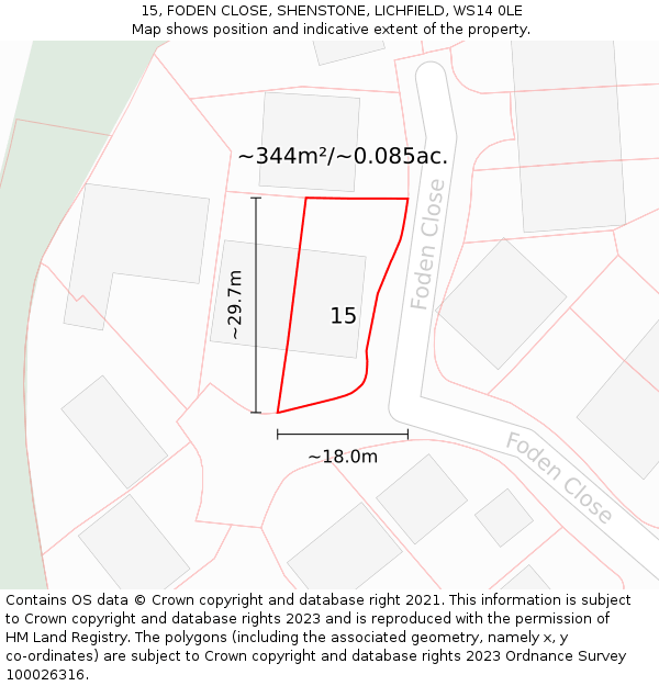 15, FODEN CLOSE, SHENSTONE, LICHFIELD, WS14 0LE: Plot and title map