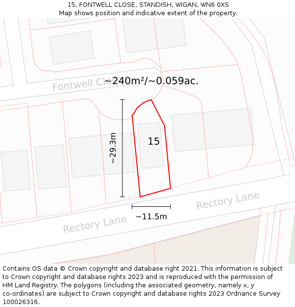 15, FONTWELL CLOSE, STANDISH, WIGAN, WN6 0XS: Plot and title map