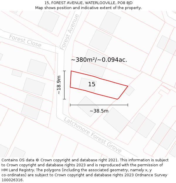 15, FOREST AVENUE, WATERLOOVILLE, PO8 8JD: Plot and title map