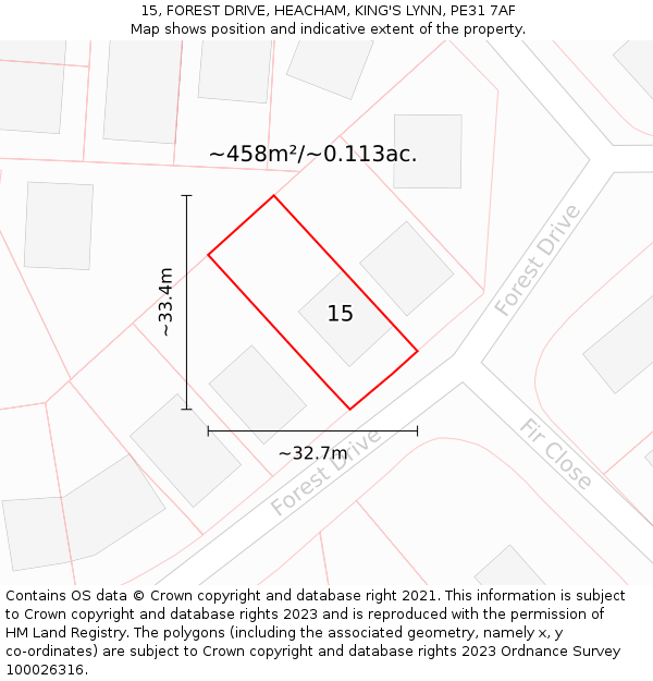 15, FOREST DRIVE, HEACHAM, KING'S LYNN, PE31 7AF: Plot and title map