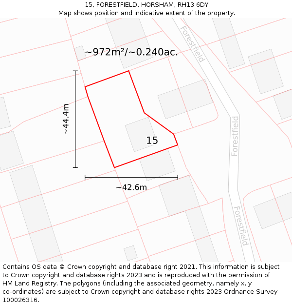 15, FORESTFIELD, HORSHAM, RH13 6DY: Plot and title map