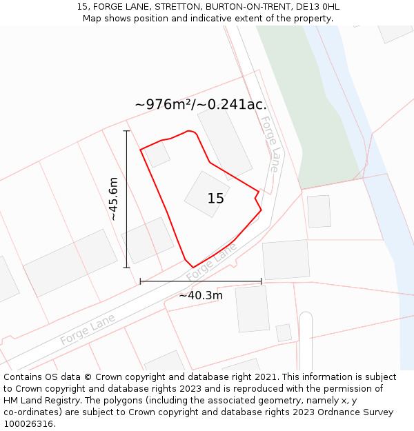 15, FORGE LANE, STRETTON, BURTON-ON-TRENT, DE13 0HL: Plot and title map