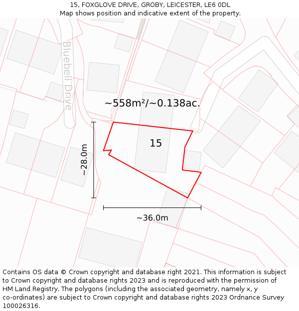 15, FOXGLOVE DRIVE, GROBY, LEICESTER, LE6 0DL: Plot and title map