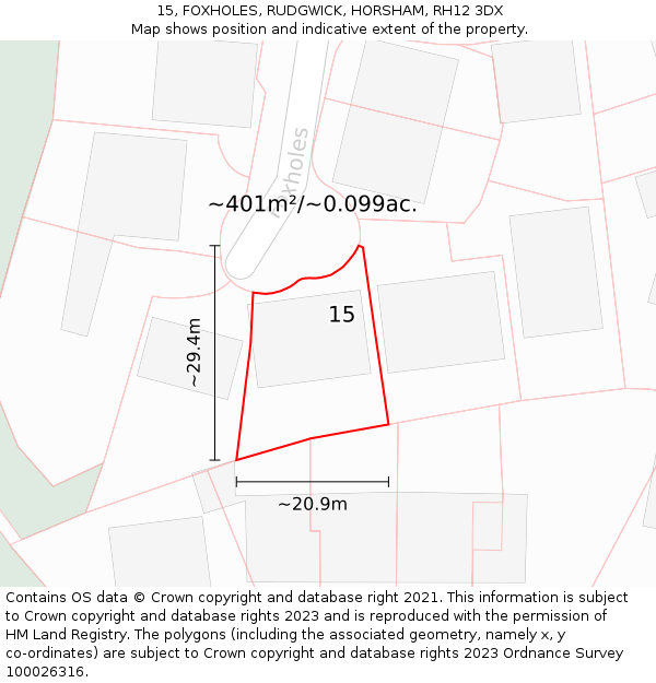 15, FOXHOLES, RUDGWICK, HORSHAM, RH12 3DX: Plot and title map