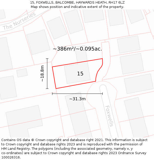 15, FOXWELLS, BALCOMBE, HAYWARDS HEATH, RH17 6LZ: Plot and title map