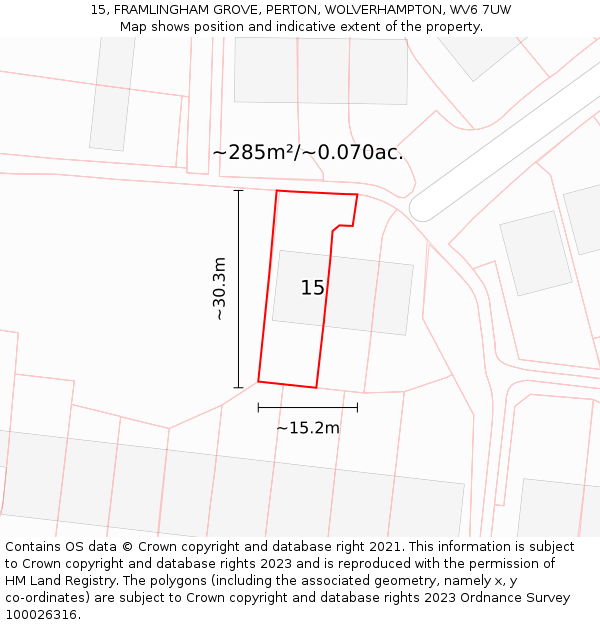 15, FRAMLINGHAM GROVE, PERTON, WOLVERHAMPTON, WV6 7UW: Plot and title map