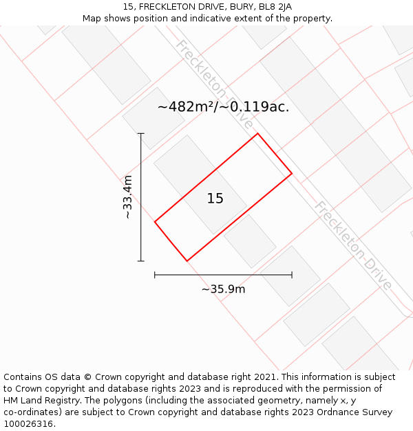 15, FRECKLETON DRIVE, BURY, BL8 2JA: Plot and title map