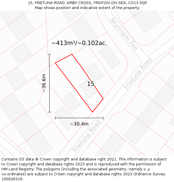 15, FRIETUNA ROAD, KIRBY CROSS, FRINTON-ON-SEA, CO13 0QP: Plot and title map