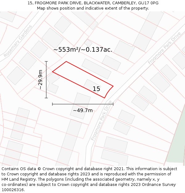 15, FROGMORE PARK DRIVE, BLACKWATER, CAMBERLEY, GU17 0PG: Plot and title map