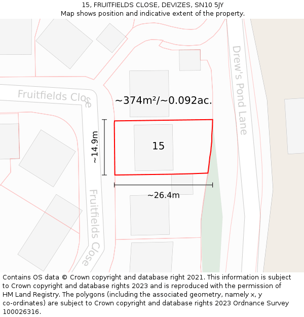 15, FRUITFIELDS CLOSE, DEVIZES, SN10 5JY: Plot and title map