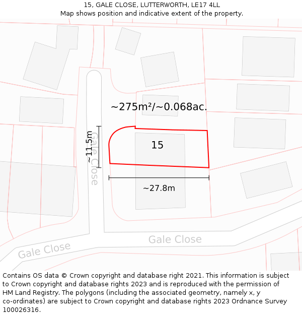 15, GALE CLOSE, LUTTERWORTH, LE17 4LL: Plot and title map