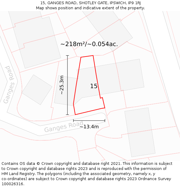 15, GANGES ROAD, SHOTLEY GATE, IPSWICH, IP9 1RJ: Plot and title map