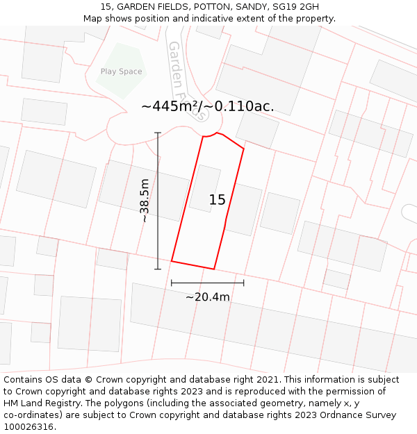 15, GARDEN FIELDS, POTTON, SANDY, SG19 2GH: Plot and title map