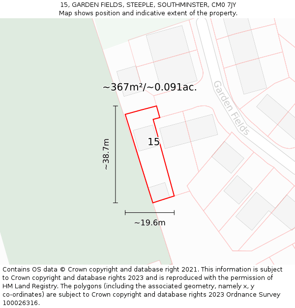 15, GARDEN FIELDS, STEEPLE, SOUTHMINSTER, CM0 7JY: Plot and title map