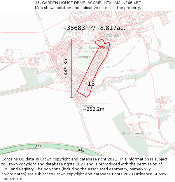 15, GARDEN HOUSE DRIVE, ACOMB, HEXHAM, NE46 4RZ: Plot and title map