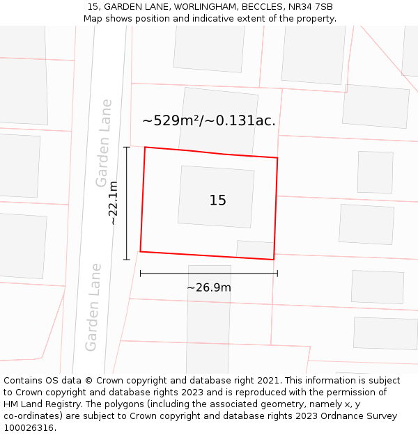 15, GARDEN LANE, WORLINGHAM, BECCLES, NR34 7SB: Plot and title map